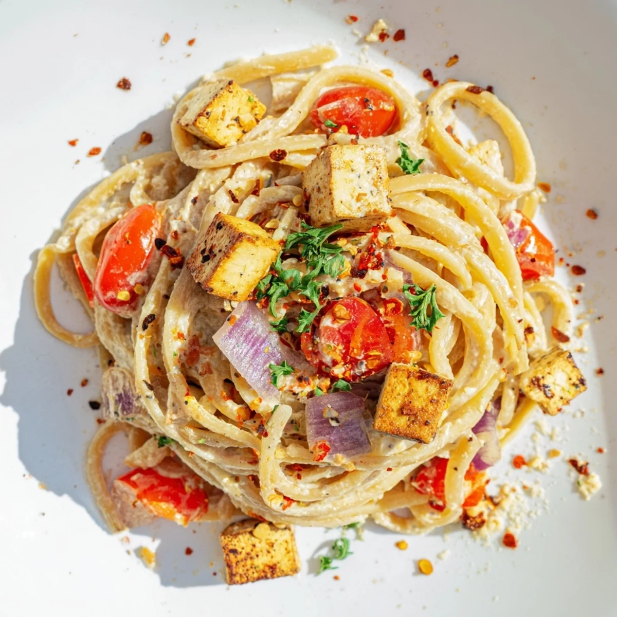 A skillet of Frosty Morning High Protein Pasta mixes sautéed tofu, vibrant bell peppers, and creamy cottage cheese sauce for a hearty meal.