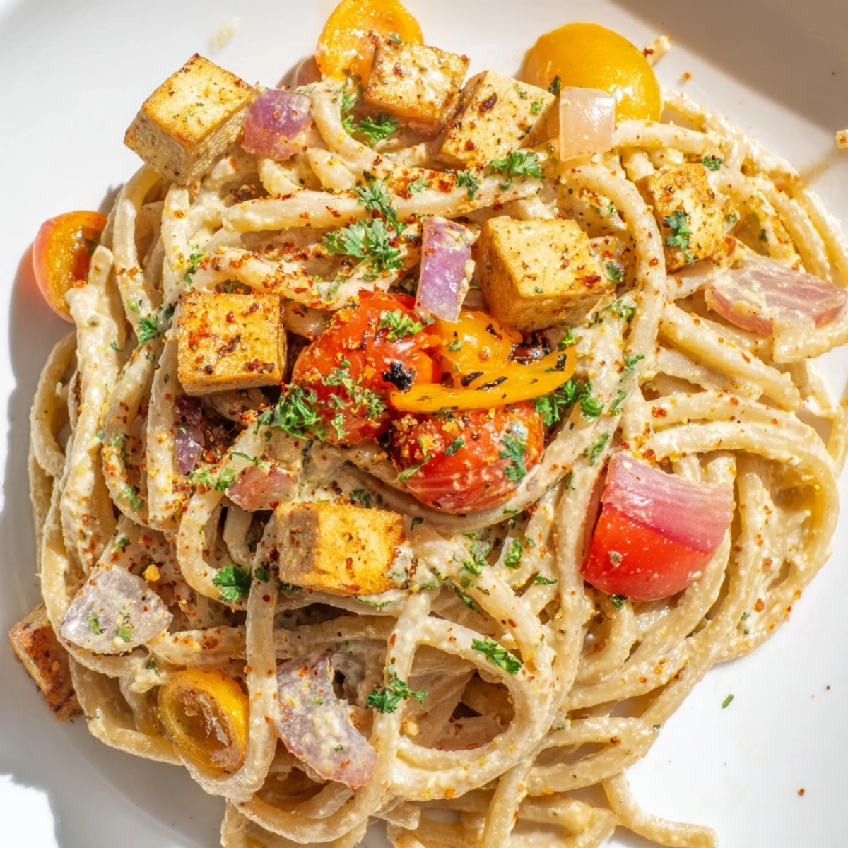 Close-up of Frosty Morning High Protein Pasta twirled on a fork, revealing wilted spinach and cherry tomatoes, perfect for a chilly breakfast.