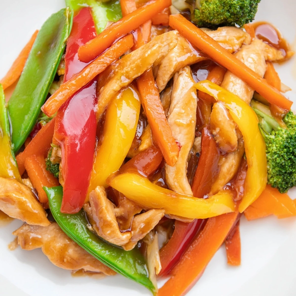 The Fireside Low Fat Stir Fry features tender chicken, crisp bell peppers, and snap peas smothered in a glossy, savory sauce.