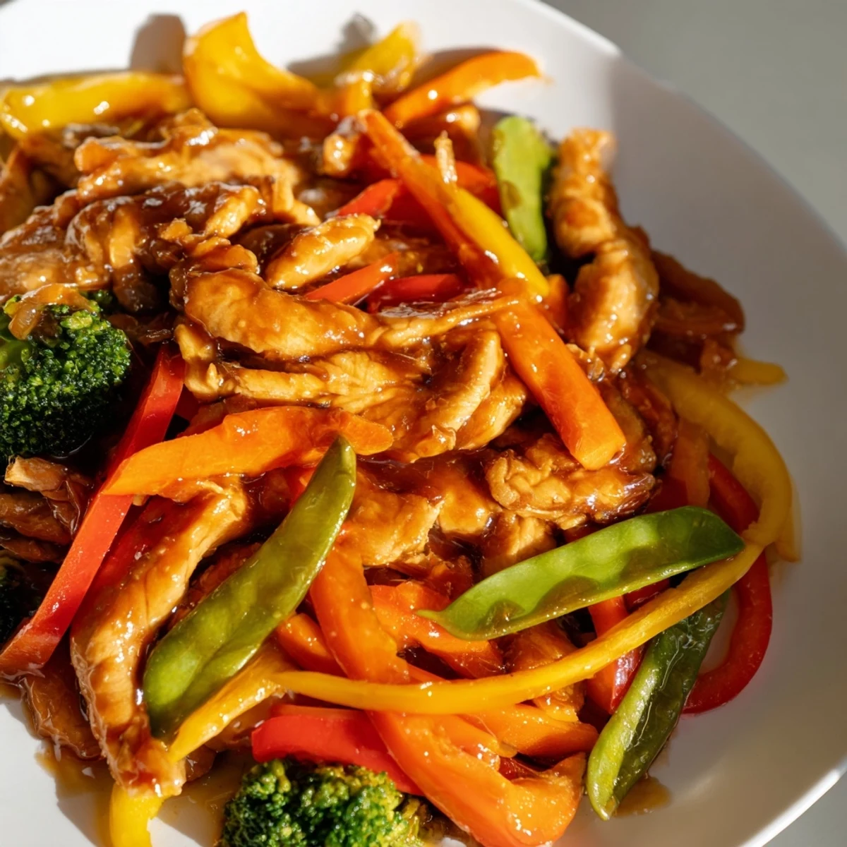 Close-up of the vibrant Fireside Low Fat Stir Fry, highlighting colorful broccoli florets and carrots glistening with light sauce.
