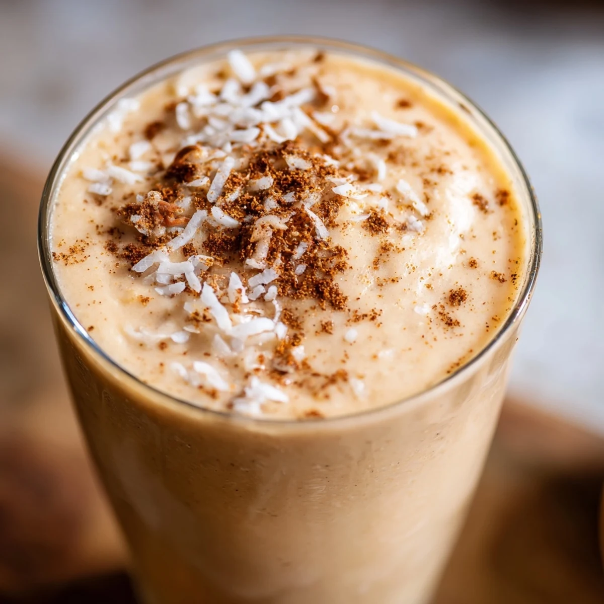 Two tall glasses of Fireside Paleo Smoothie with cinnamon and coconut toppings beside a bowl of roasted sweet potatoes.