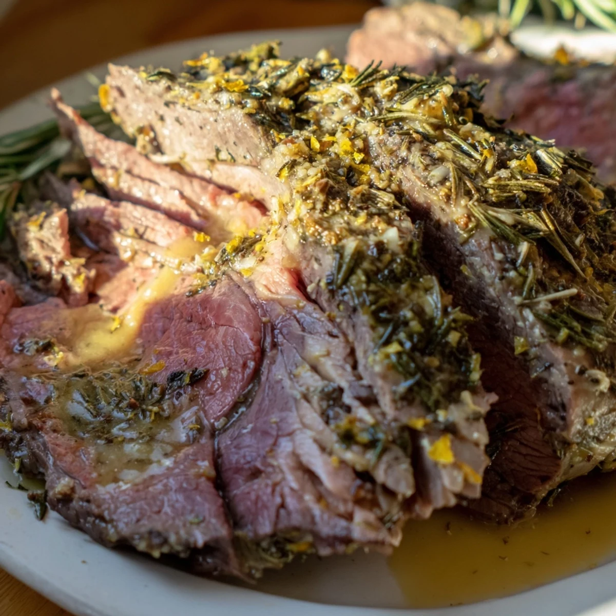 Sliced Holiday Market Low Carb Roast with rosemary and thyme, served with roasted Brussels sprouts, cauliflower, and fennel.