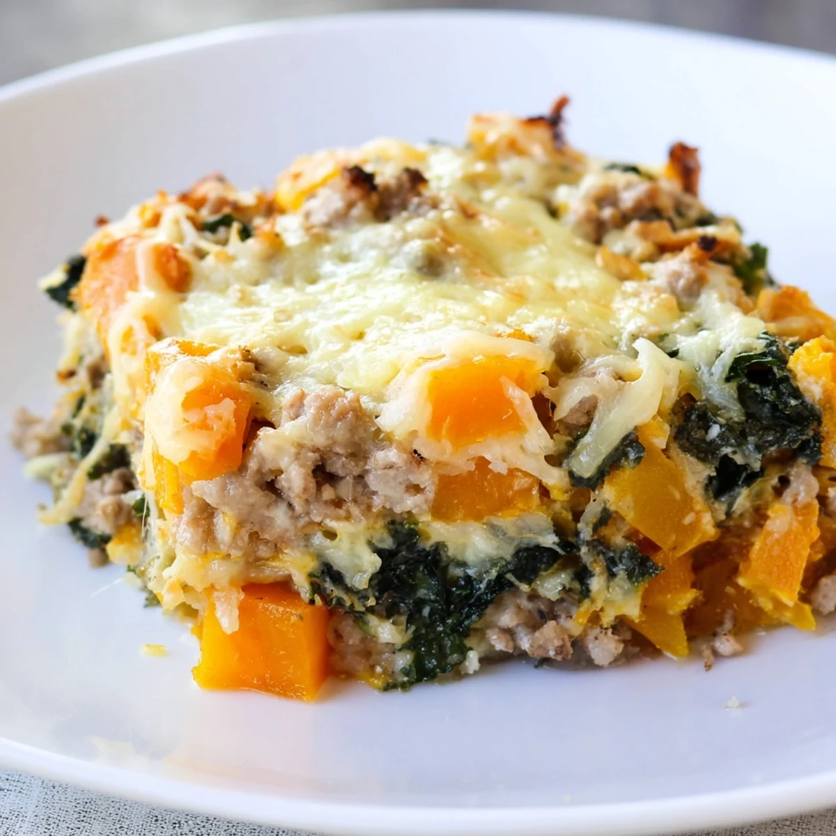 Freshly baked Winter Harvest Low Carb Casserole emerges from the oven with bubbling golden cheese, served alongside a crisp green salad.