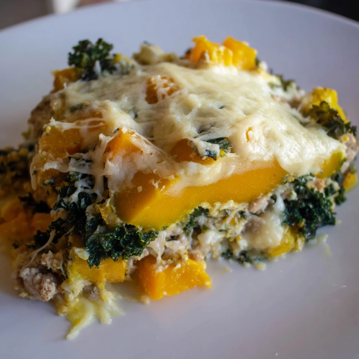 Close-up of the Winter Harvest Low Carb Casserole shows a savory ground turkey and vegetable filling topped with melted mozzarella and Gruyère.
