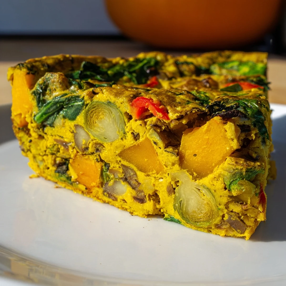 A freshly baked Winter Garden Vegan Frittata with vibrant spinach, red peppers, and onions on display.