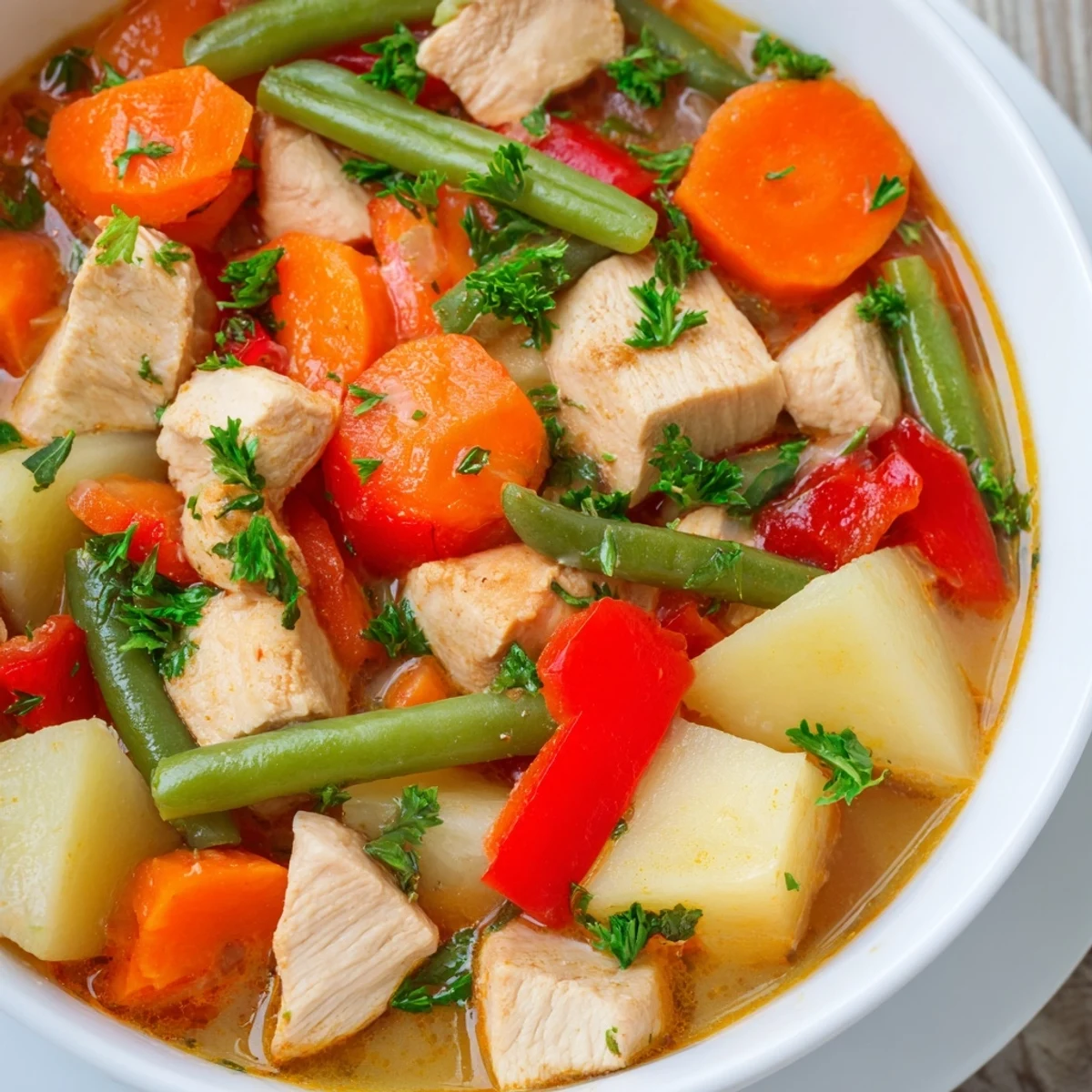 A steaming bowl of New Year Low Fat Stew features tender chicken, diced potatoes, and vibrant green beans in a rich tomato herb broth.