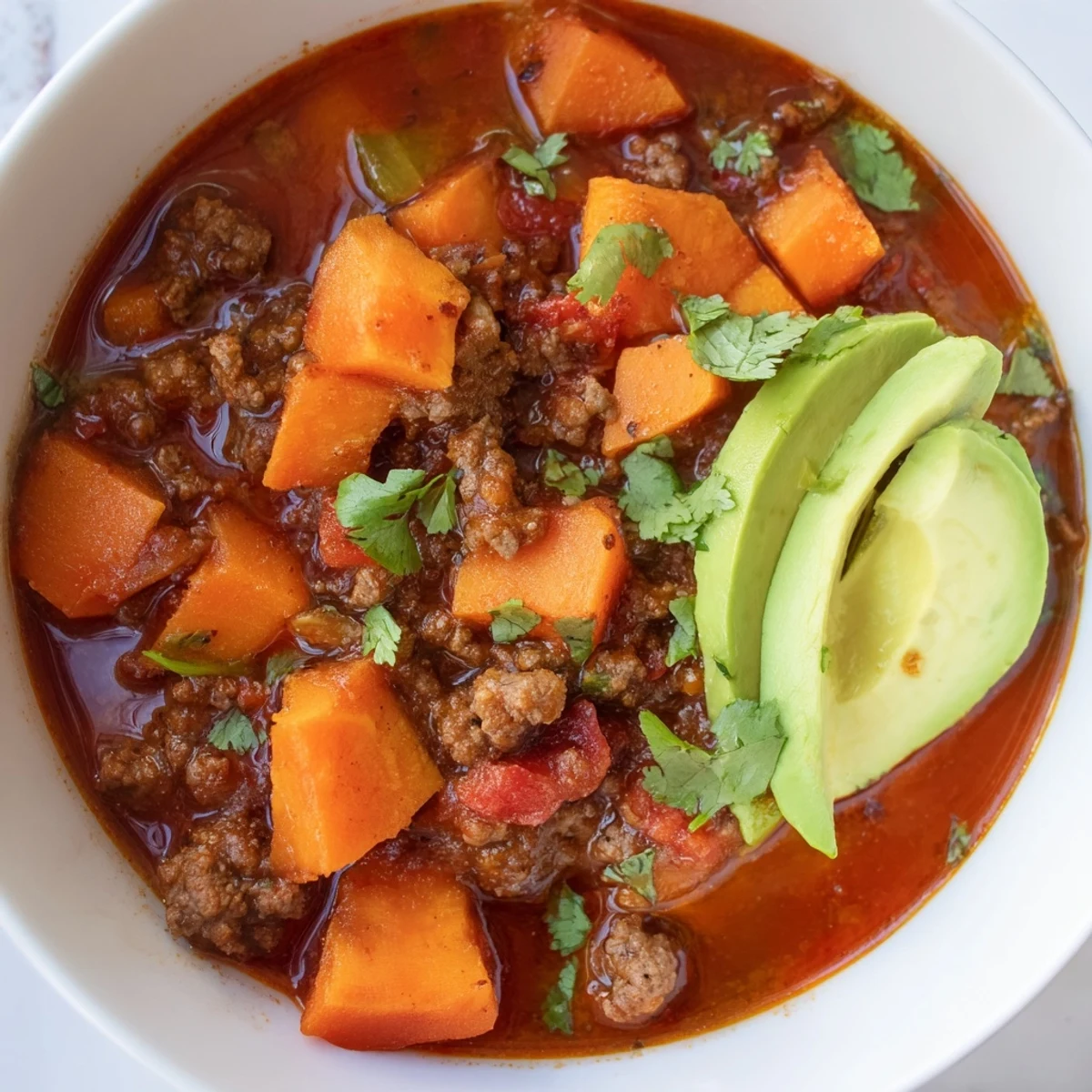 Thick, hearty Holiday Market Paleo Chili simmers in a pot with sweet potatoes and bell peppers.