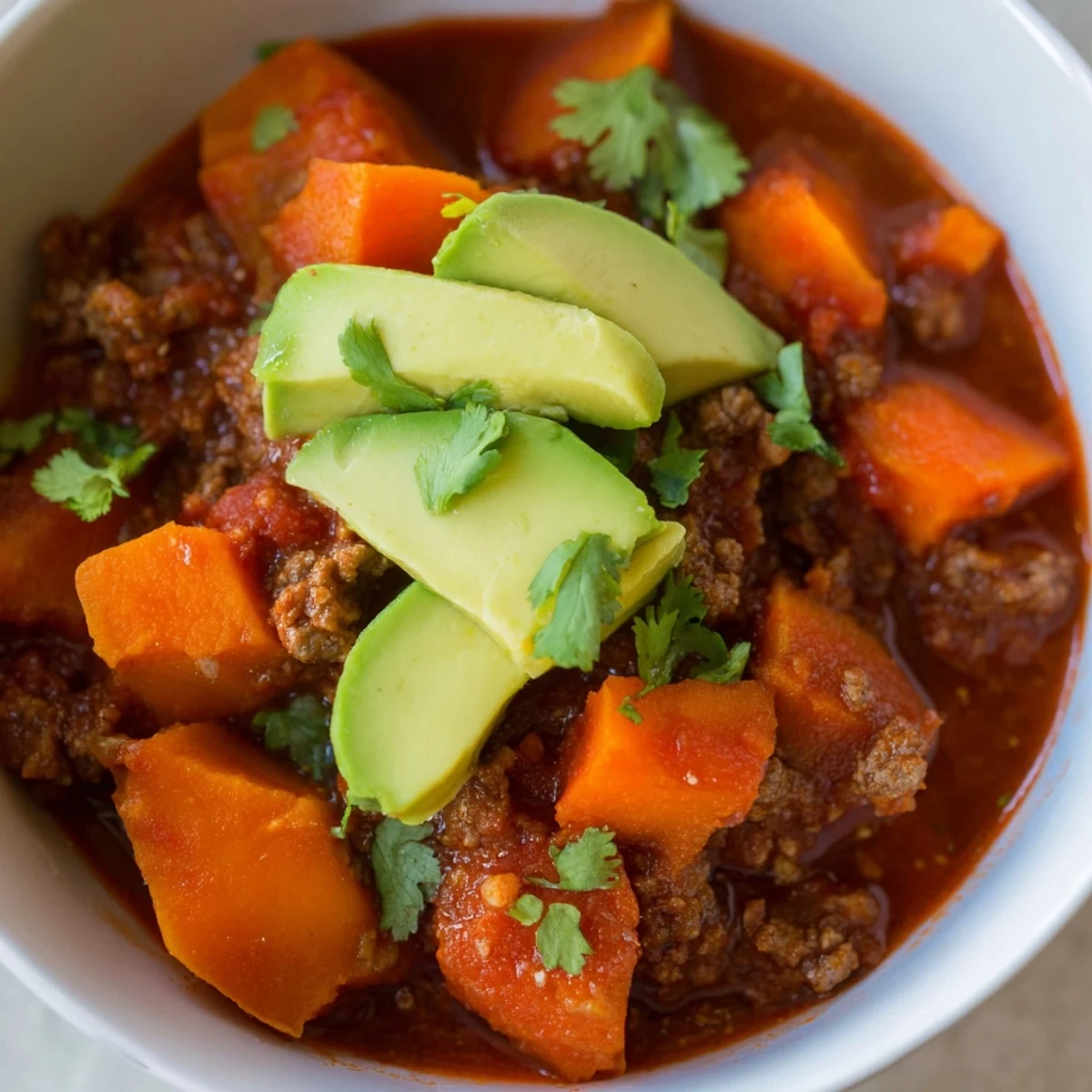 Close-up of Holiday Market Paleo Chili in a Dutch oven, garnished with cilantro and packed with beef and vegetables.