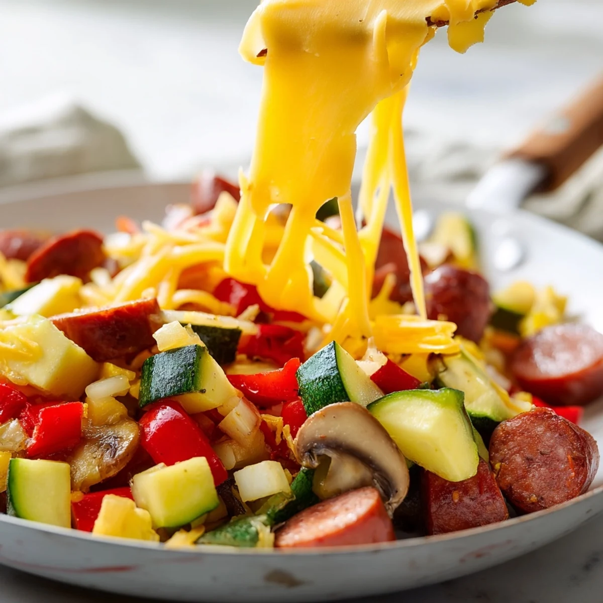 Sizzling low-carb vegetables and savory sausage create a cozy main dish for dinner.
