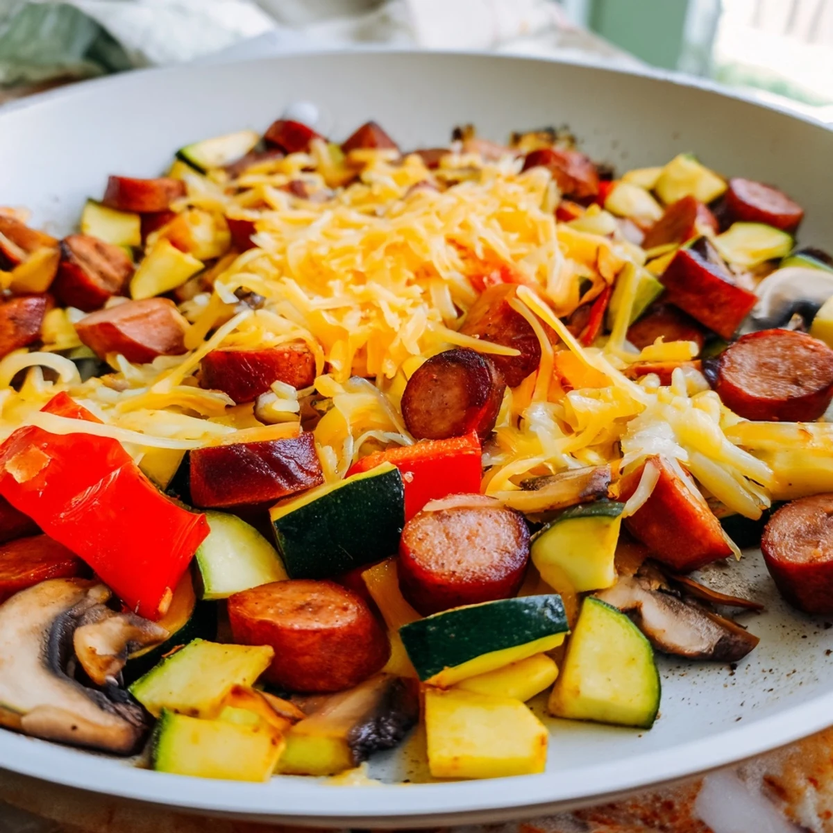 Warm Hearth Keto Skillet with browned sausage, zucchini, and peppers topped with melted cheddar.