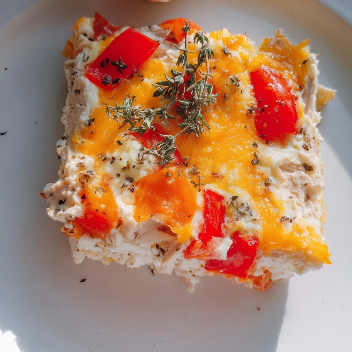Comforting casserole topped with melted cheddar and herbs, served hot alongside a crisp green salad.