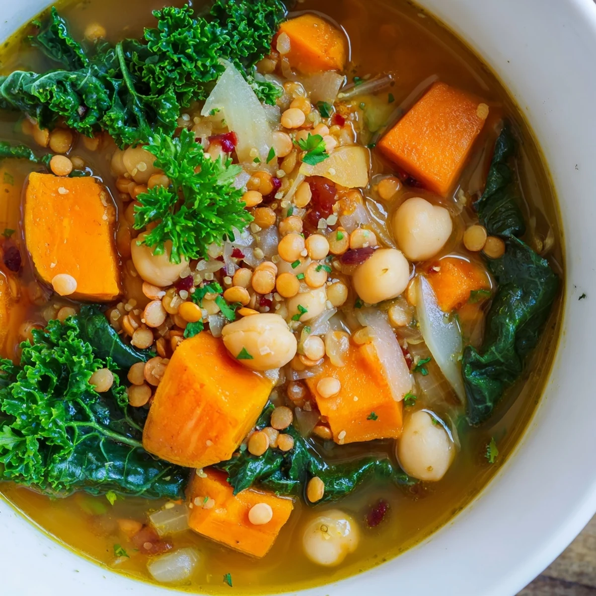 A nourishing close-up of Winter Garden High Protein Soup reveals vibrant kale and chickpeas in a rich broth.