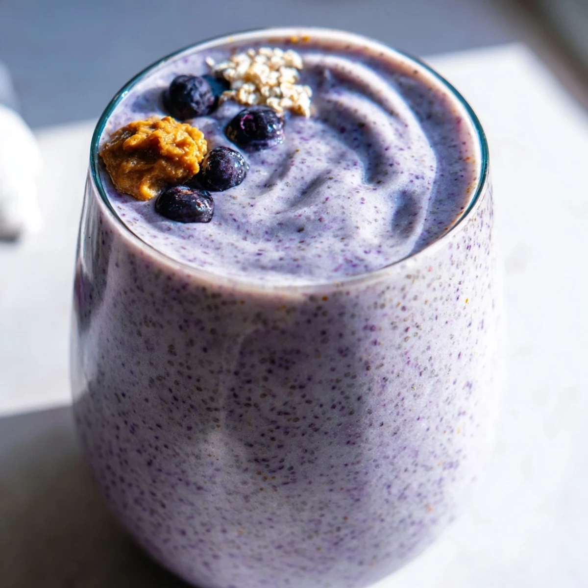 Thick and frosty Keto Smoothie garnished with a few frozen blueberries, ideal for a quick, energizing ketogenic breakfast in the morning.
