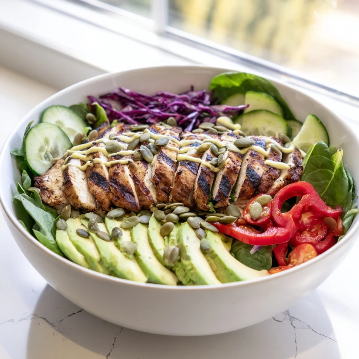 Vibrant Crisp Air Keto Bowl with grilled chicken, avocado, and crunchy vegetables topped with pumpkin seeds.