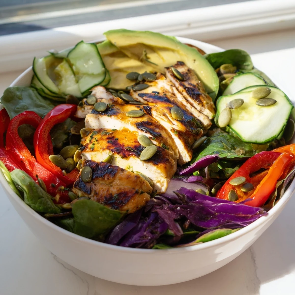 Healthy Crisp Air Keto Bowl with colorful veggies, creamy avocado, and tangy lemon-herb dressing.