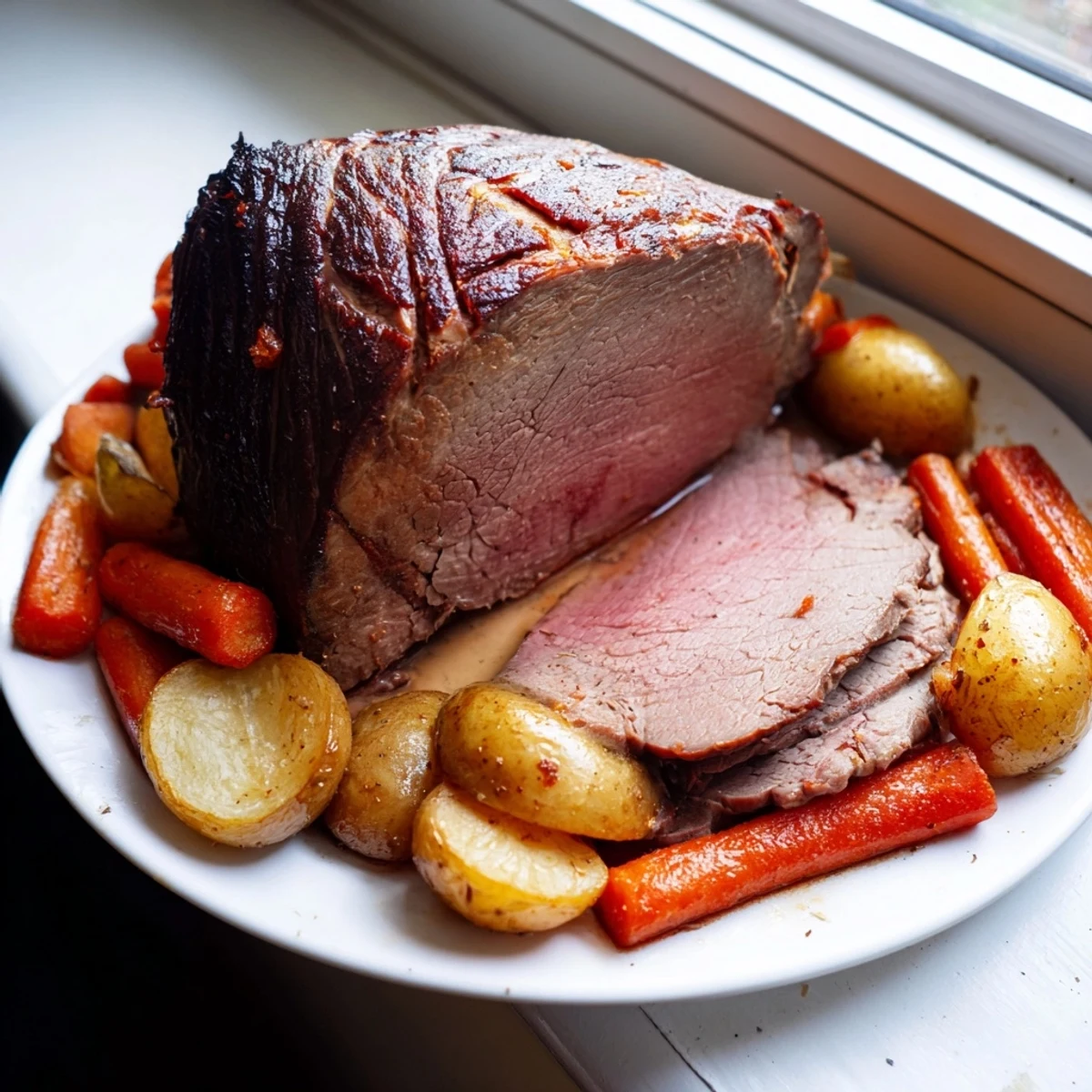 Sliced lean beef and roasted vegetables plated for a cozy, low-fat family dinner.