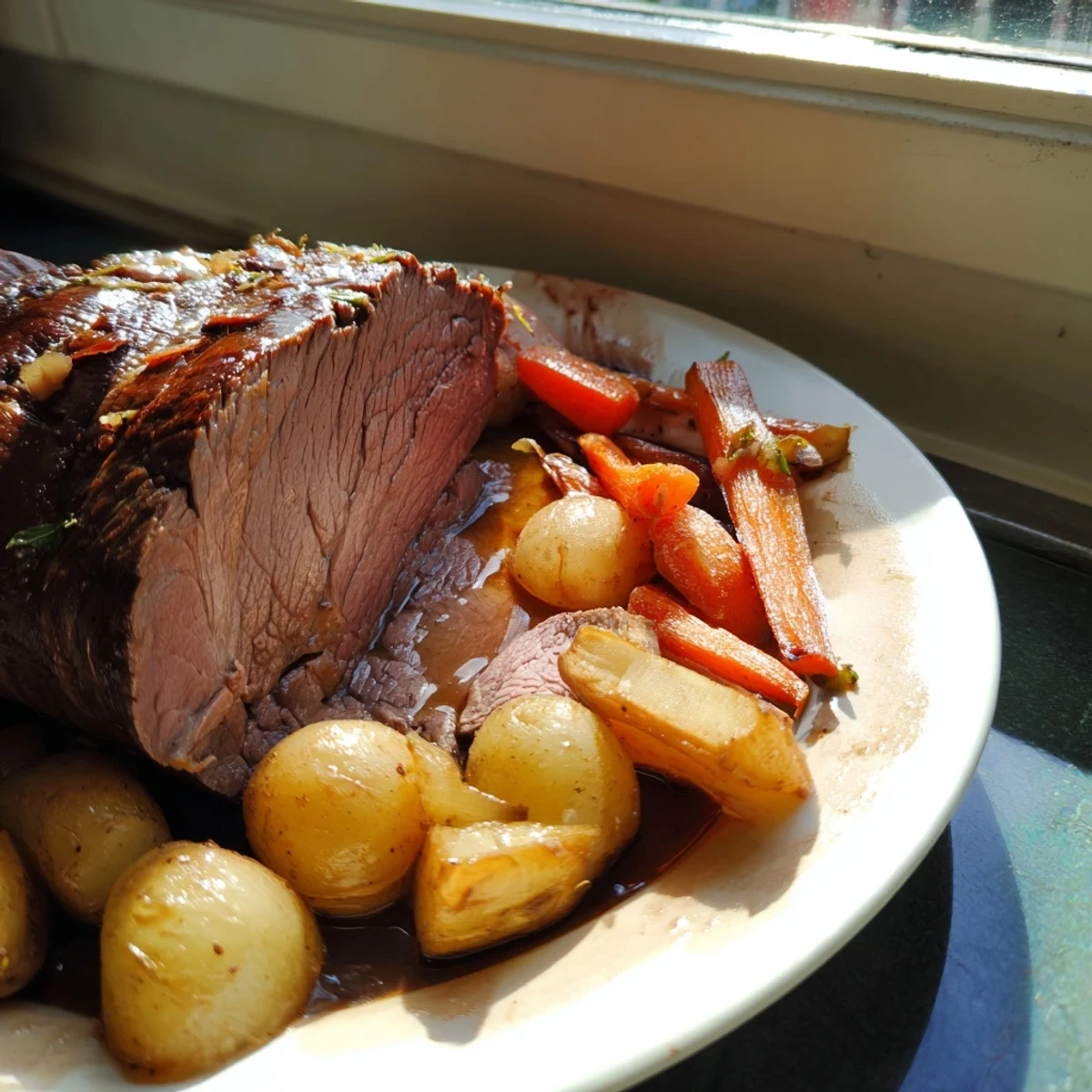 Golden roasted potatoes, carrots, and parsnips surround a juicy Fireside Low Fat Roast.