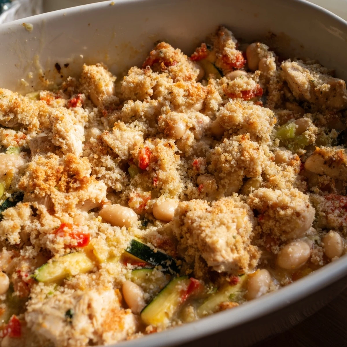 Freshly baked Crisp Air High Protein Casserole with a golden panko and Parmesan crust, served hot.