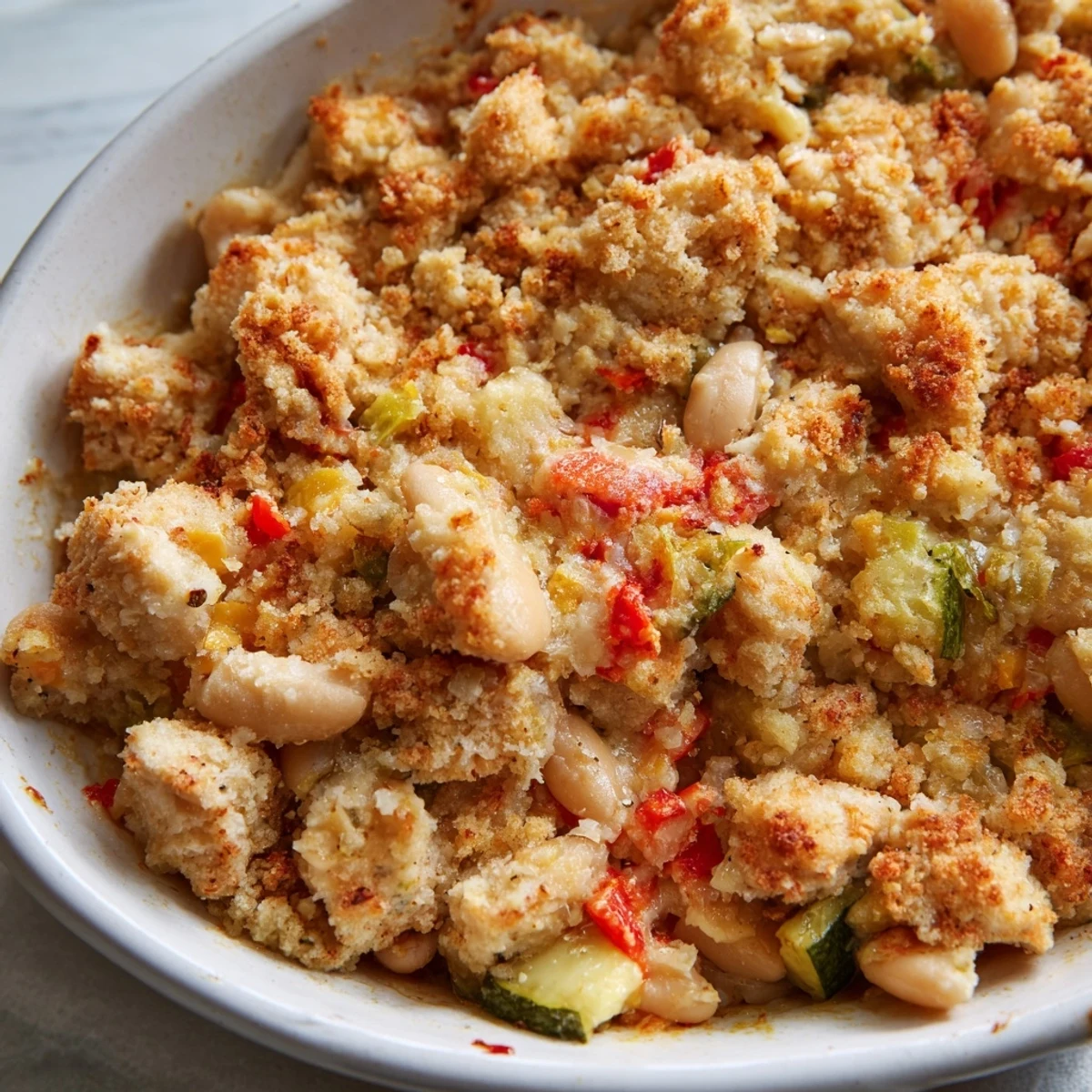 Golden-topped Crisp Air High Protein Casserole with bubbly edges, paired with a crisp green salad on the side.