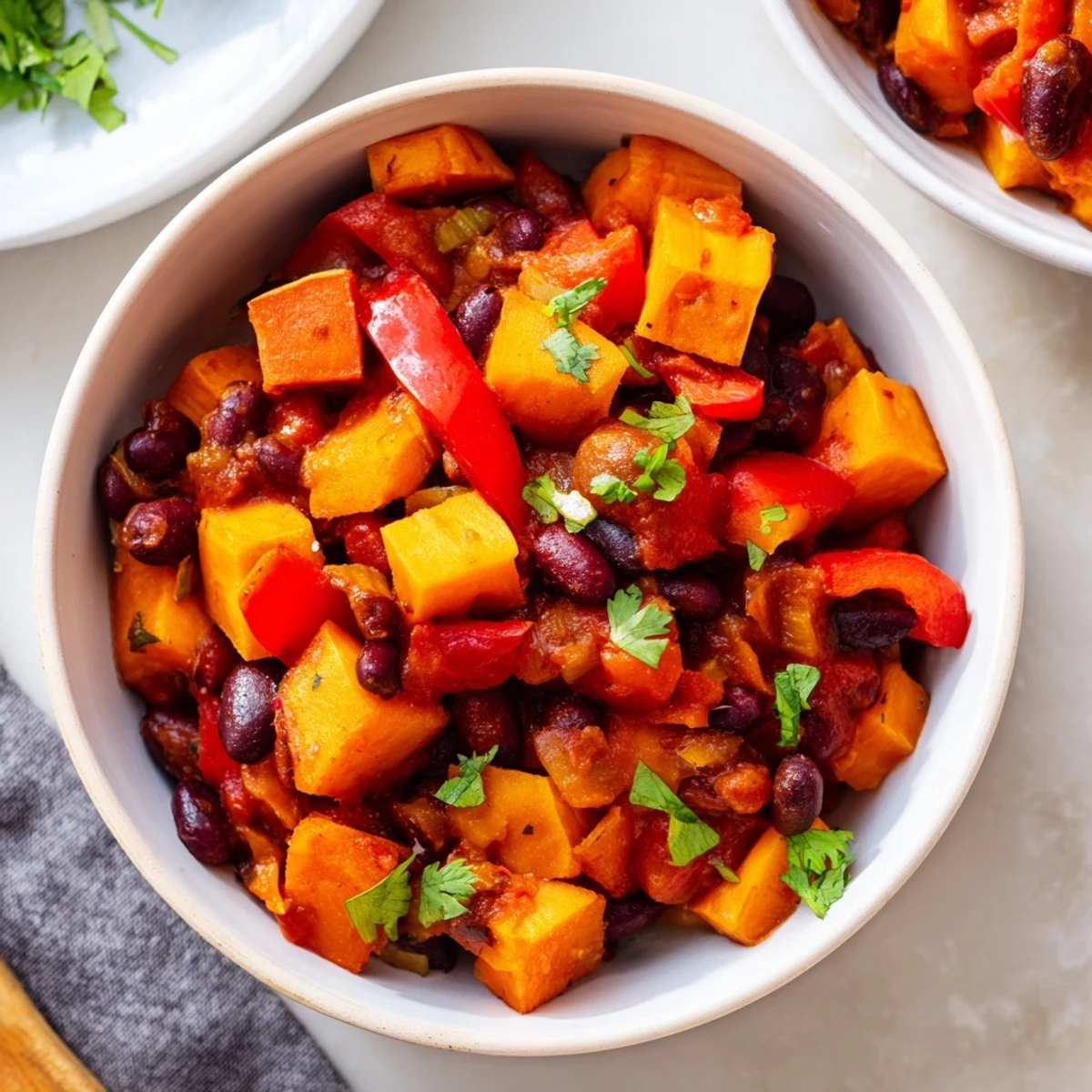 A spoon lifting a hearty serving of Winter Harvest Vegan Chili, revealing tender winter vegetables and beans, with fresh cilantro and avocado garnish.