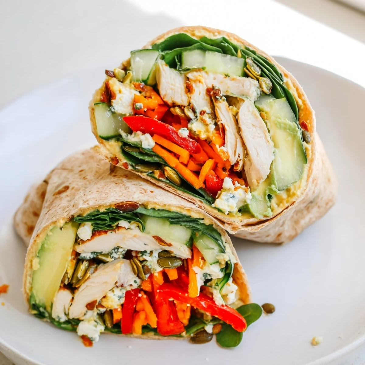 Vibrant Solstice High Protein Wrap layered with chickpeas, pumpkin seeds, and a drizzle of lemon, ideal for a post-workout meal.