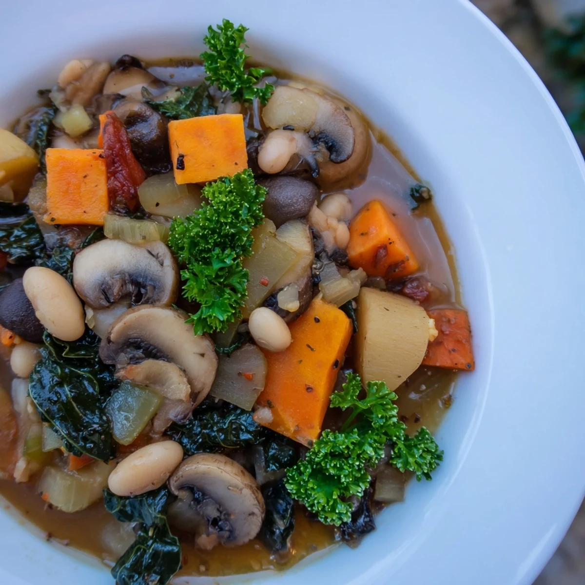 A steaming bowl of Winter Wellness Low Fat Vegetable Stew, filled with colorful carrots, kale, and creamy cannellini beans.