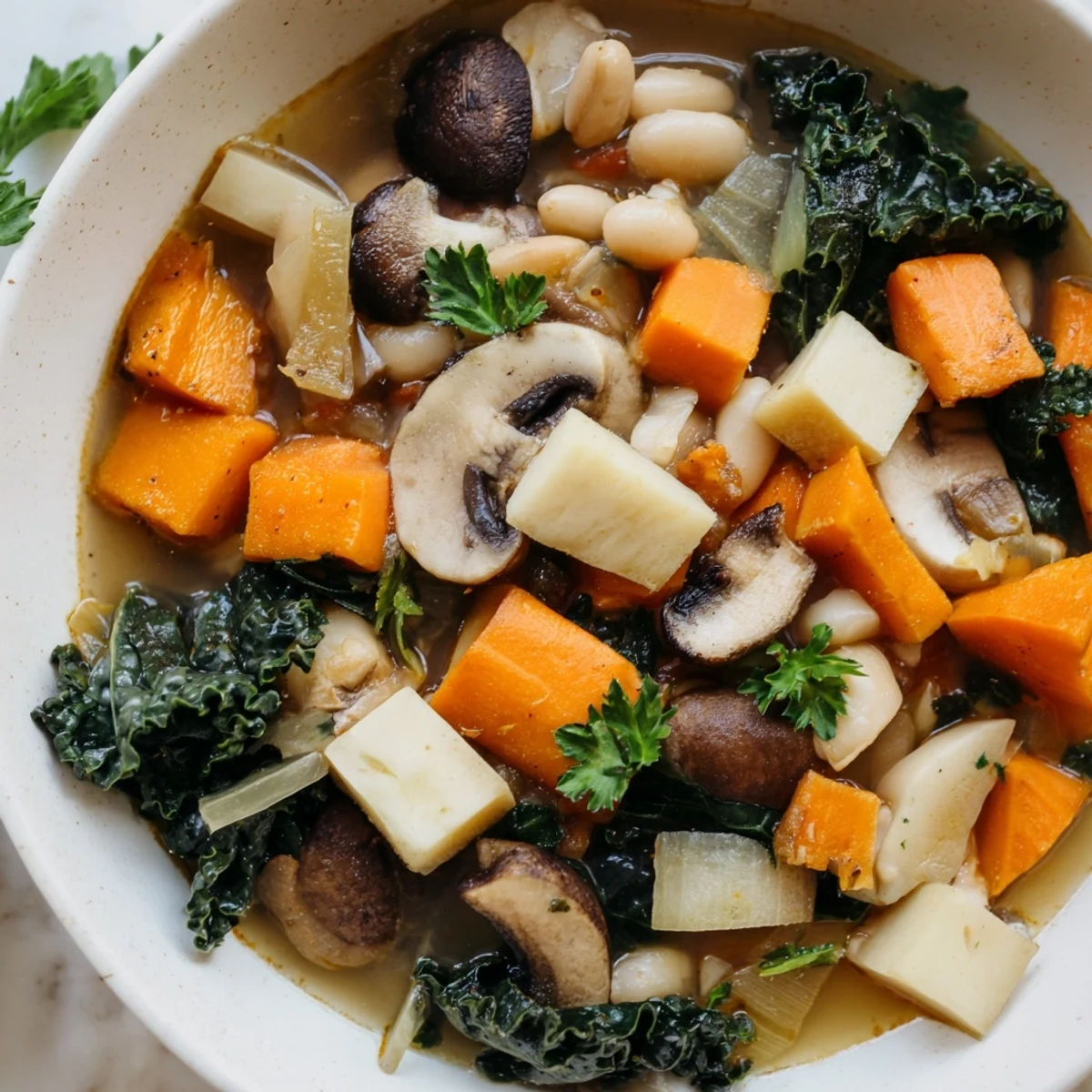 Winter Wellness Low Fat Vegetable Stew served in rustic stoneware, garnished with fresh parsley and a side of crusty bread.