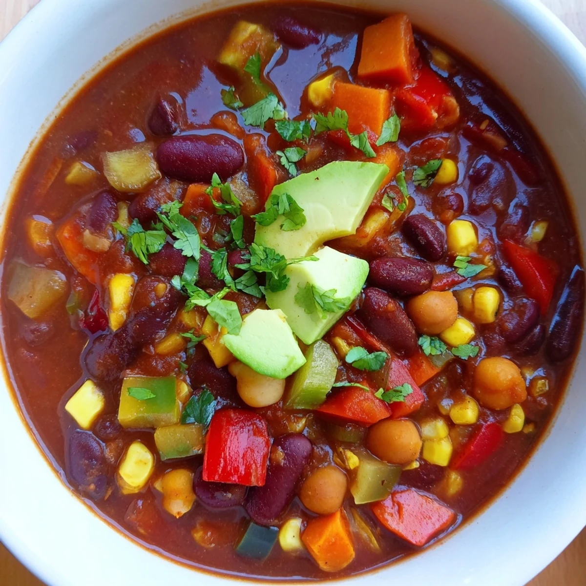 Steaming bowl of Solstice Vegan Chili loaded with beans, corn, and diced vegetables topped with avocado and cilantro.