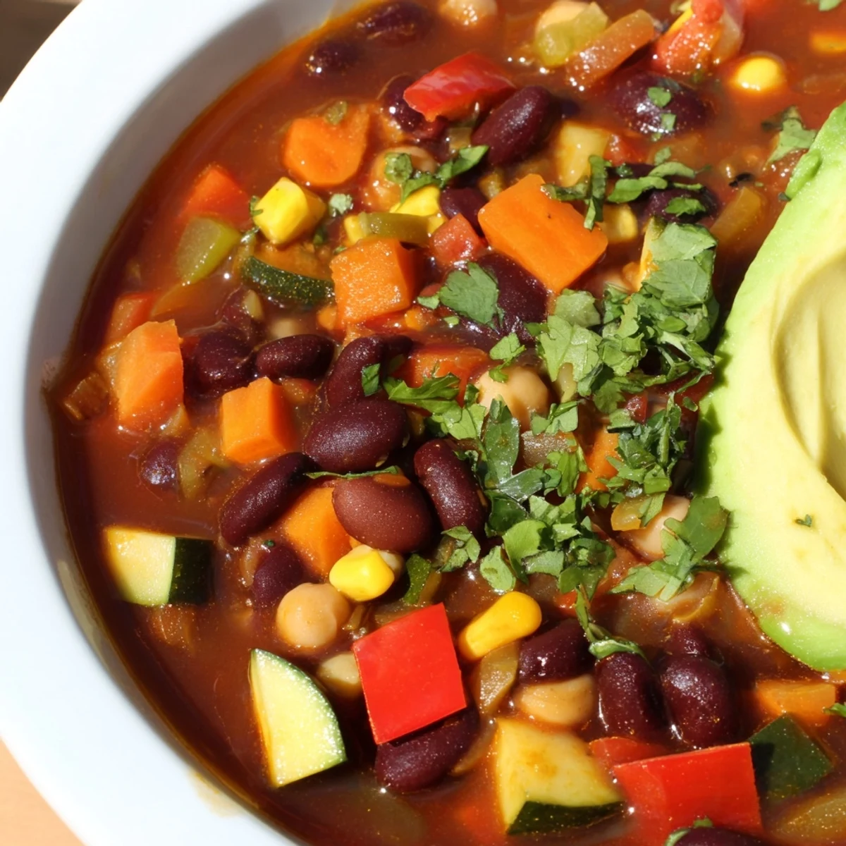 Spicy Solstice Vegan Chili in a rustic bowl with lime wedges and vegan sour cream on a wooden table.