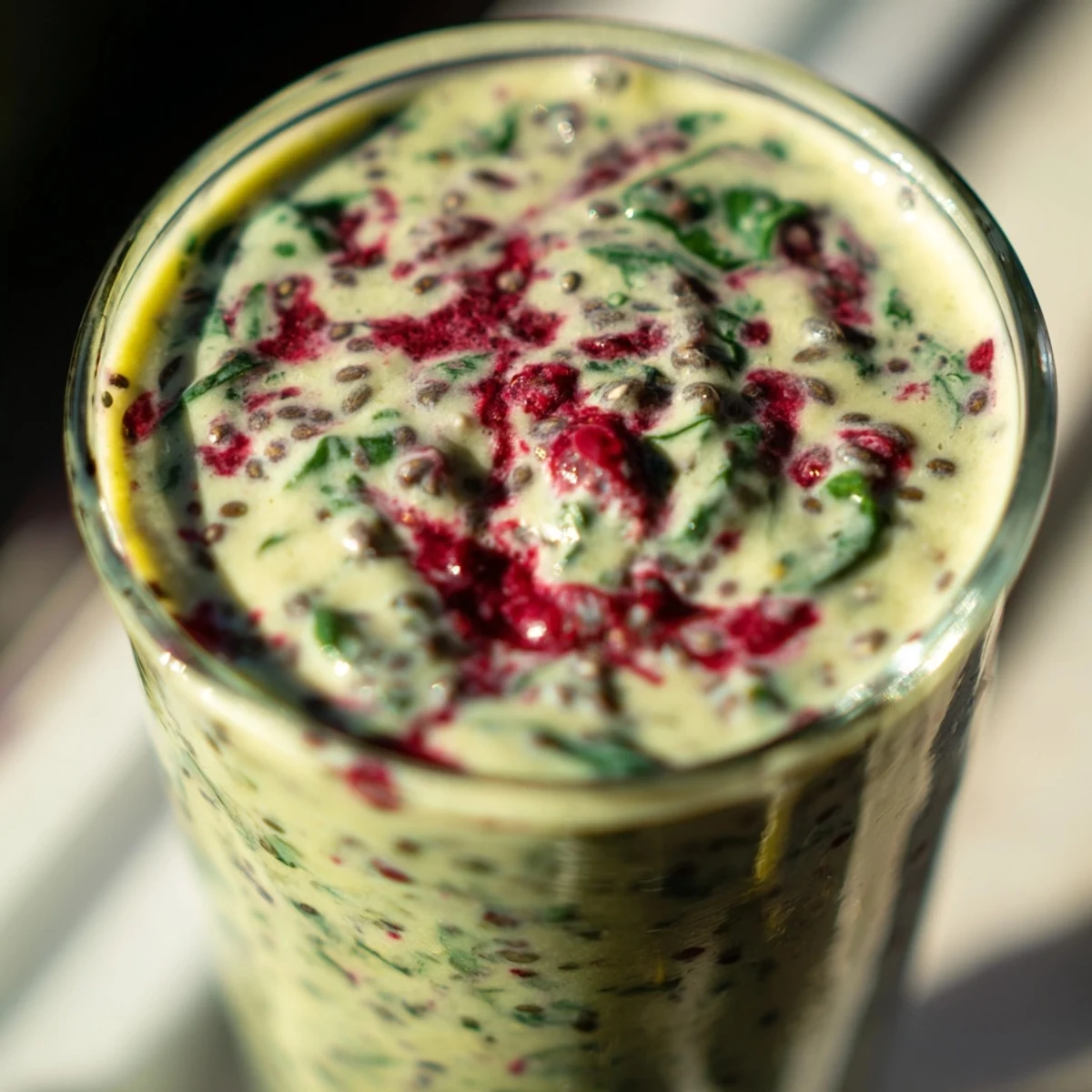 Vibrant green Winter Garden Low Carb Smoothie garnished with raspberries and a lemon twist in a tall glass.