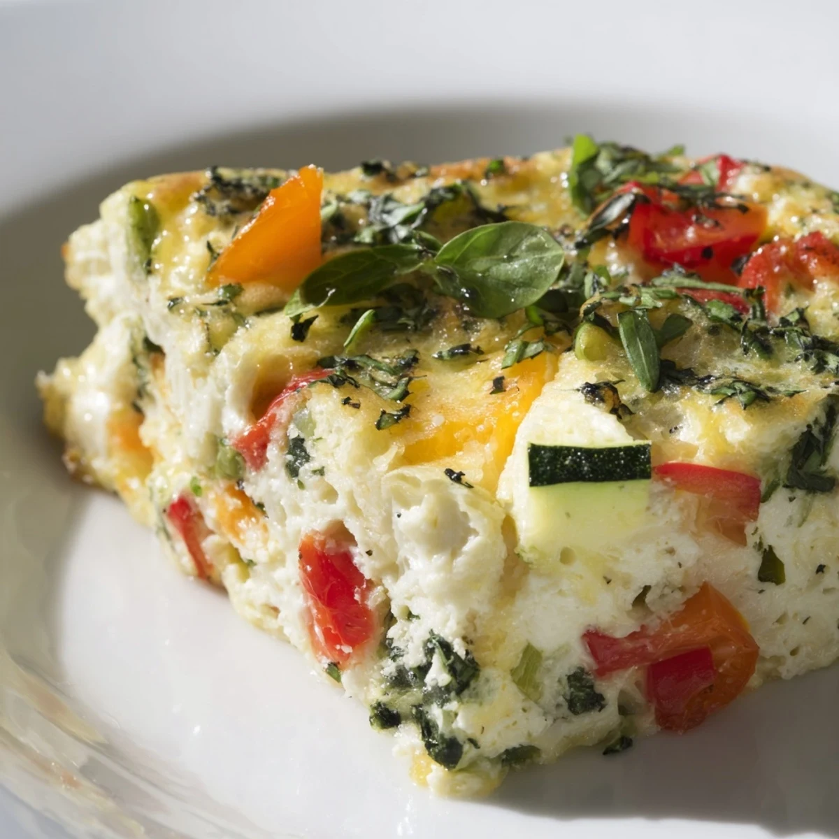 Sliced wedges of the Chilly Breeze Paleo Frittata are plated beside a light green salad, emphasizing the colorful vegetables and fluffy texture of this paleo meal.