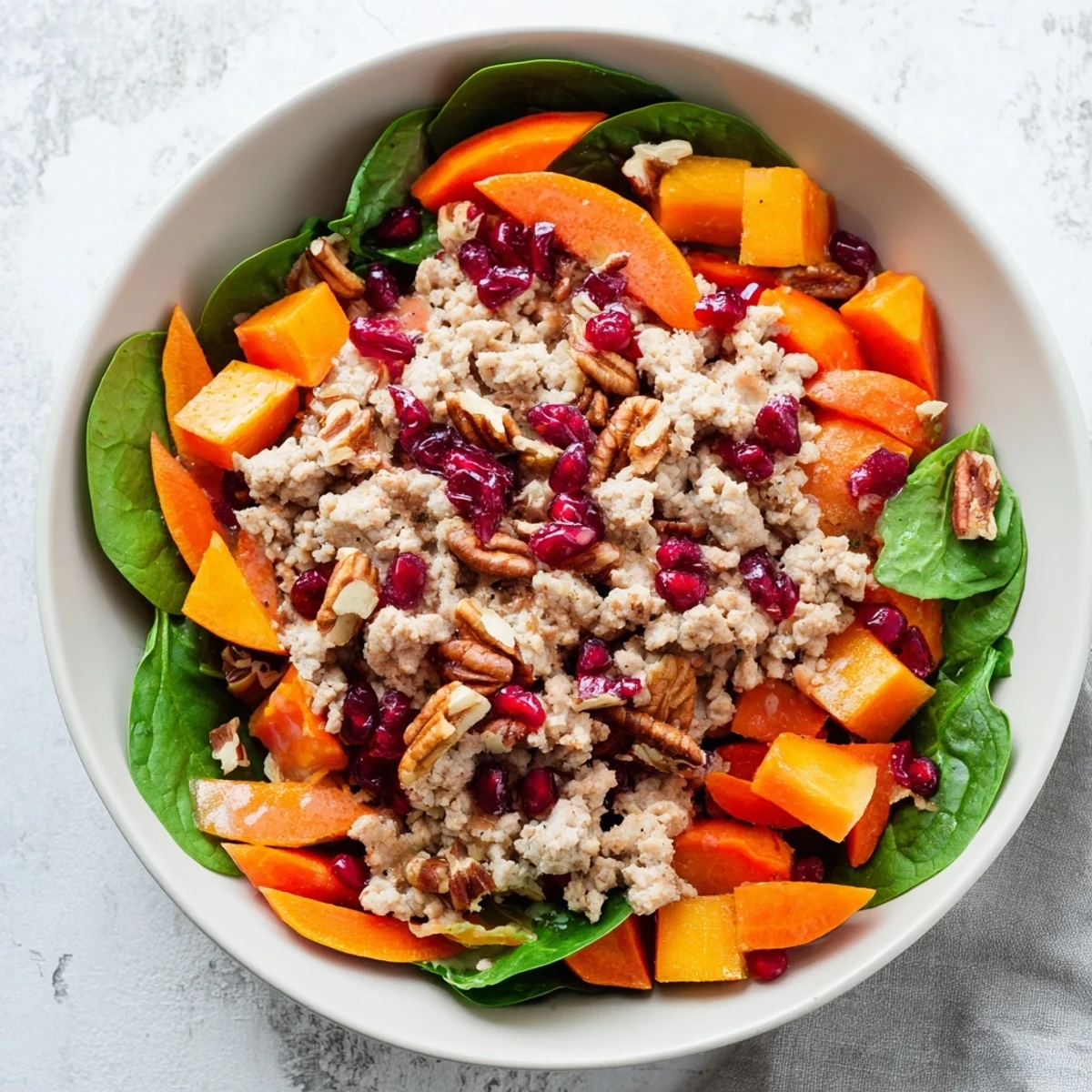 Festive Holiday Market Paleo Bowl featuring greens, cranberry-citrus dressing, and a spoonful of savory turkey.