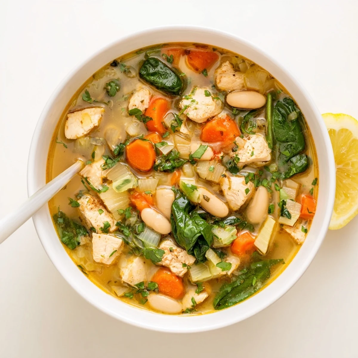Steaming bowls of Warm Hearth High Protein Soup, with tender chicken, white beans, and wilted spinach in a rich broth.  
