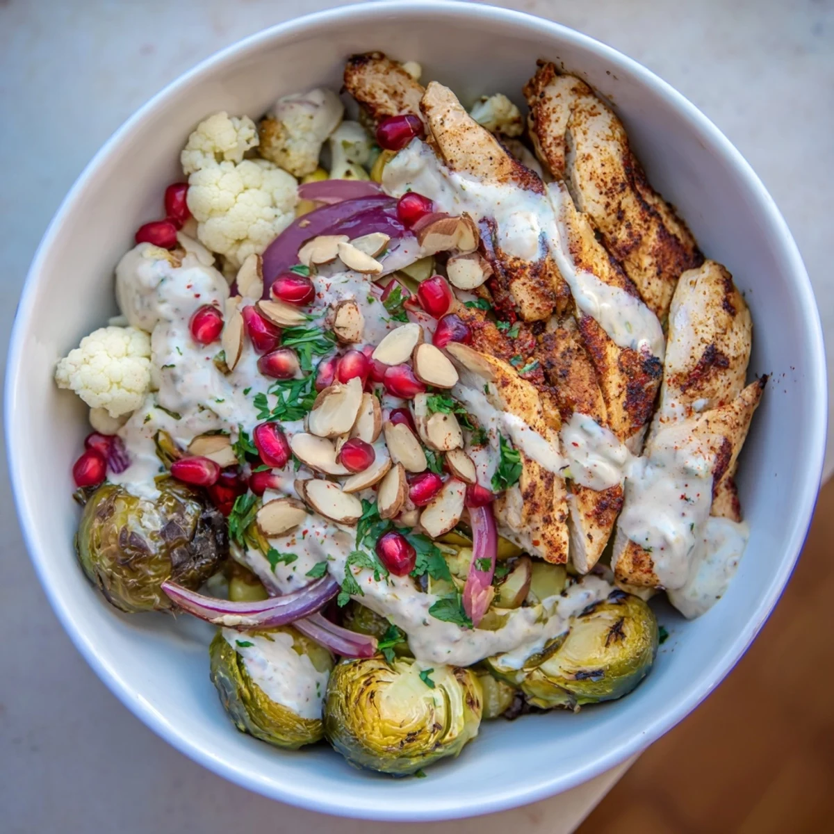 Roasted winter vegetables and spiced grilled chicken in a Holiday Market Keto Bowl, topped with pomegranate seeds and almonds.  