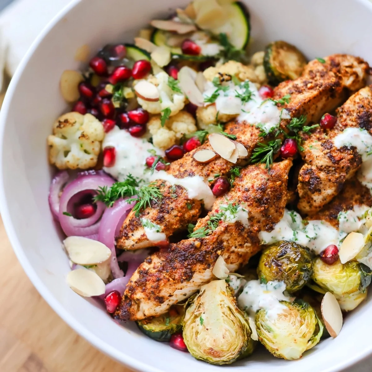 A close-up of Holiday Market Keto Bowl with creamy herb dressing drizzled over colorful vegetables and golden chicken strips.  
