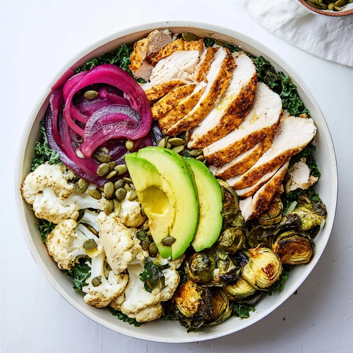 Hearty Winter Wellness Keto Bowl with tender chicken, avocado, and pepitas, perfect for cold-weather dinners.