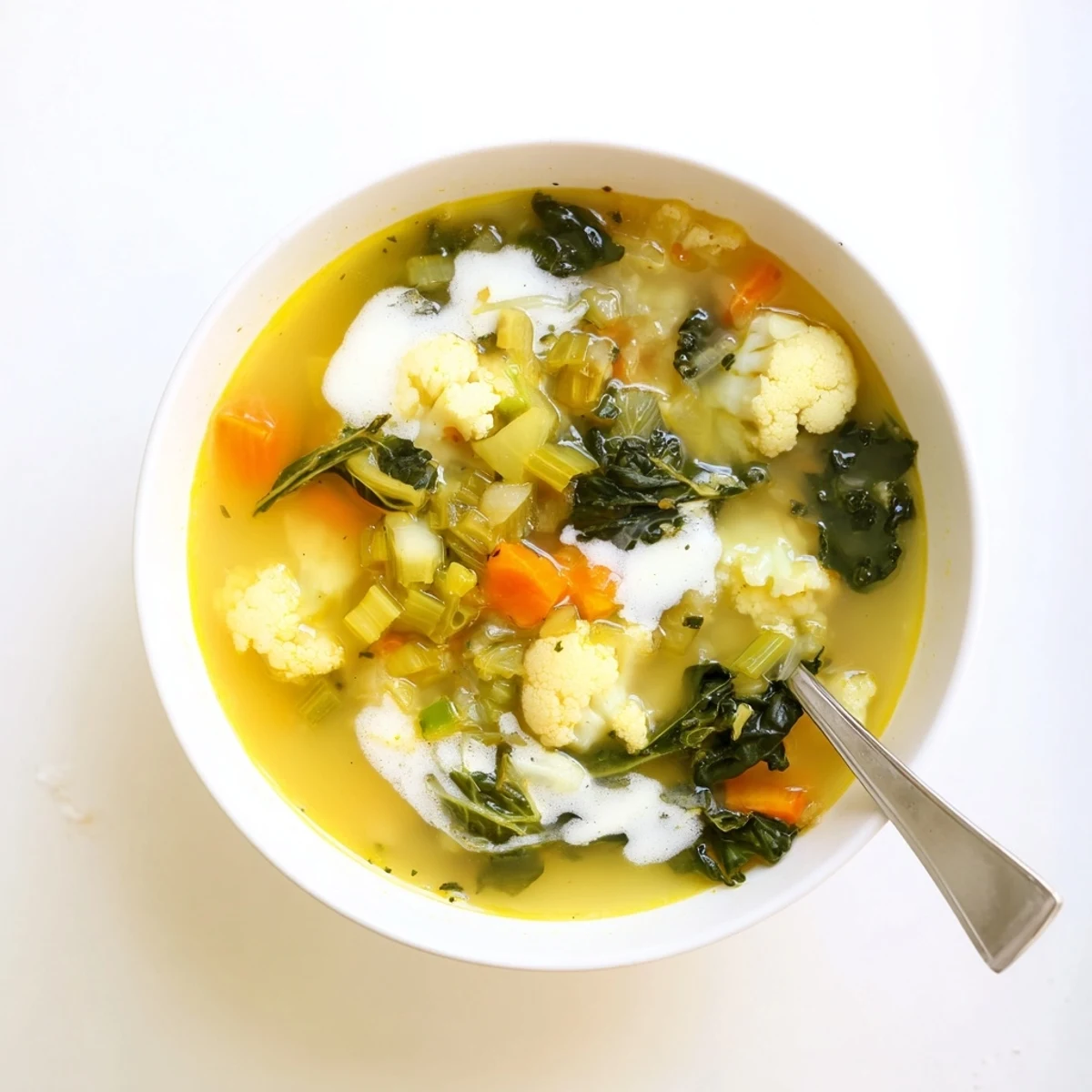A bowl of Winter Garden Keto Soup steaming with tender cauliflower, kale, and creamy broth.