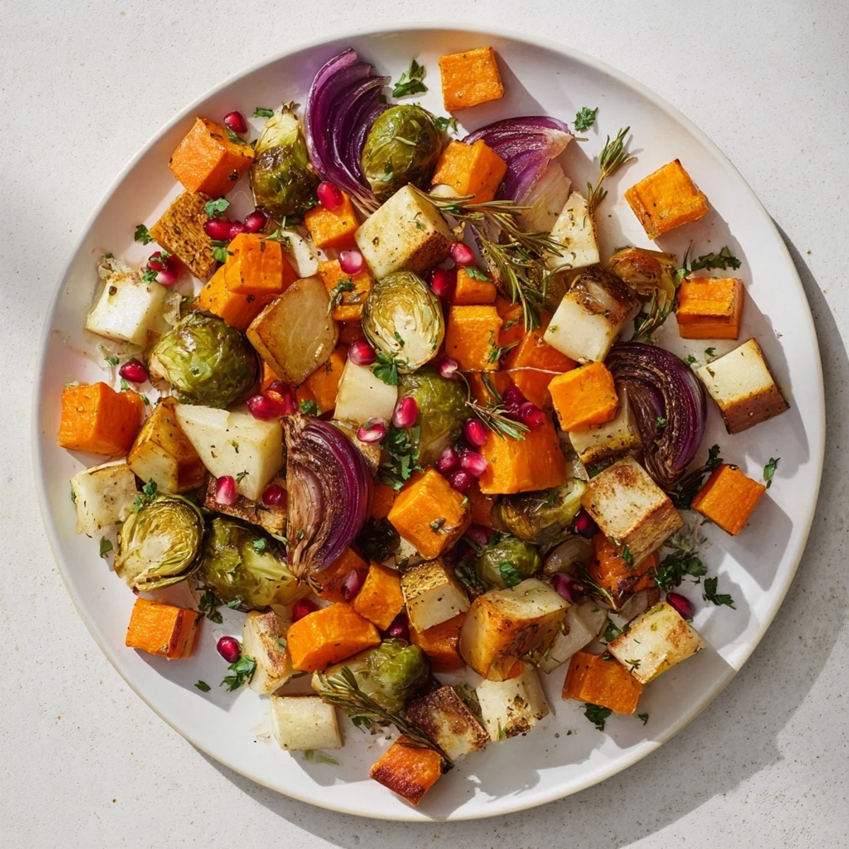 A vibrant Winter Harvest Paleo Side Dish of roasted root vegetables and Brussels sprouts glistening with olive oil and fresh herbs on a platter.