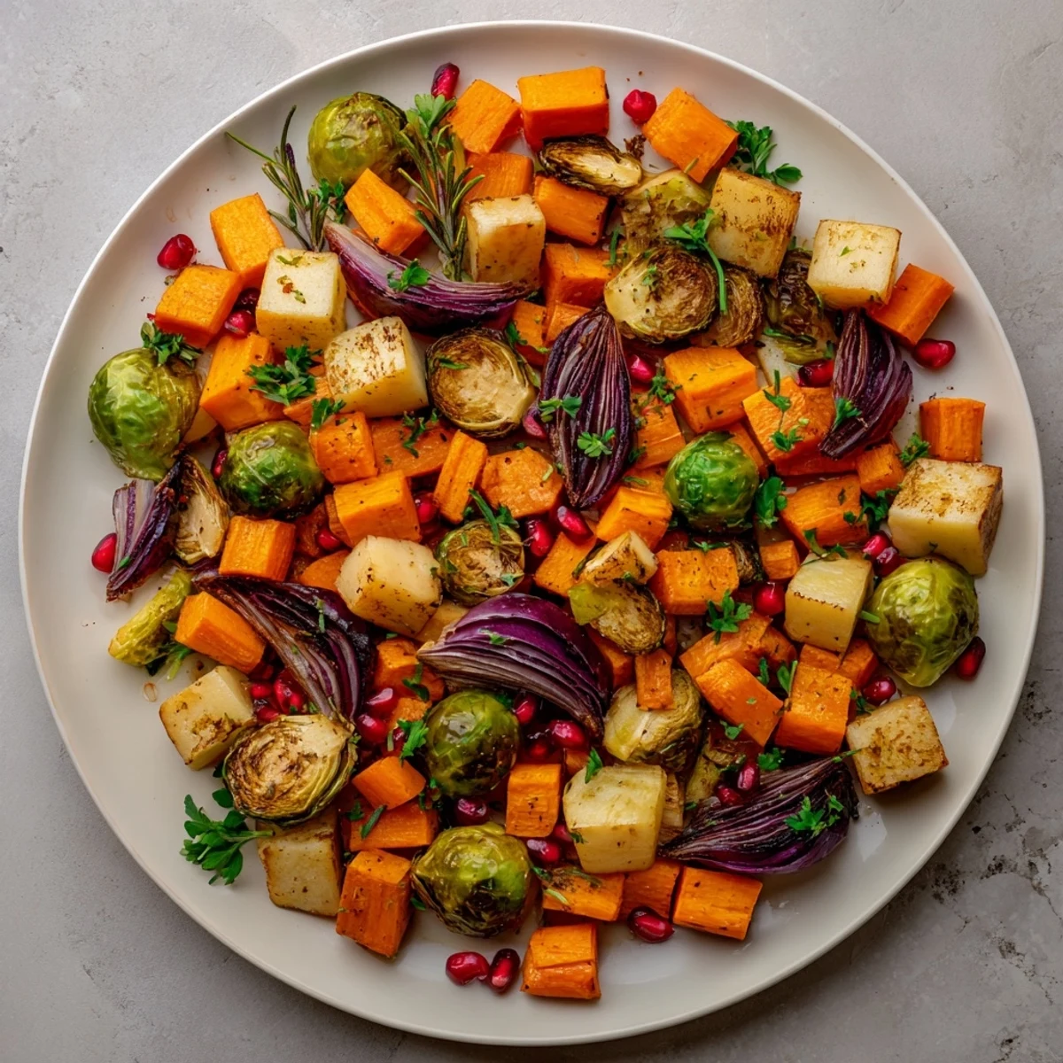 Golden-brown roasted Winter Harvest Paleo Side Dish with carrots, parsnips, and Brussels sprouts, garnished with pomegranate seeds and fresh parsley for a festive touch.