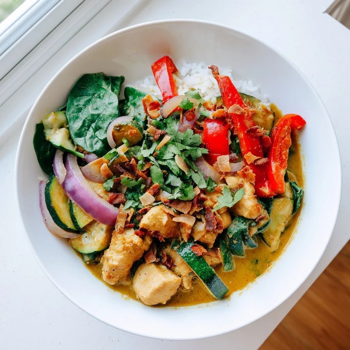 Colorful Crisp Air Keto Curry served over cauliflower rice, garnished with fresh cilantro and toasted coconut flakes for a low-carb meal.  