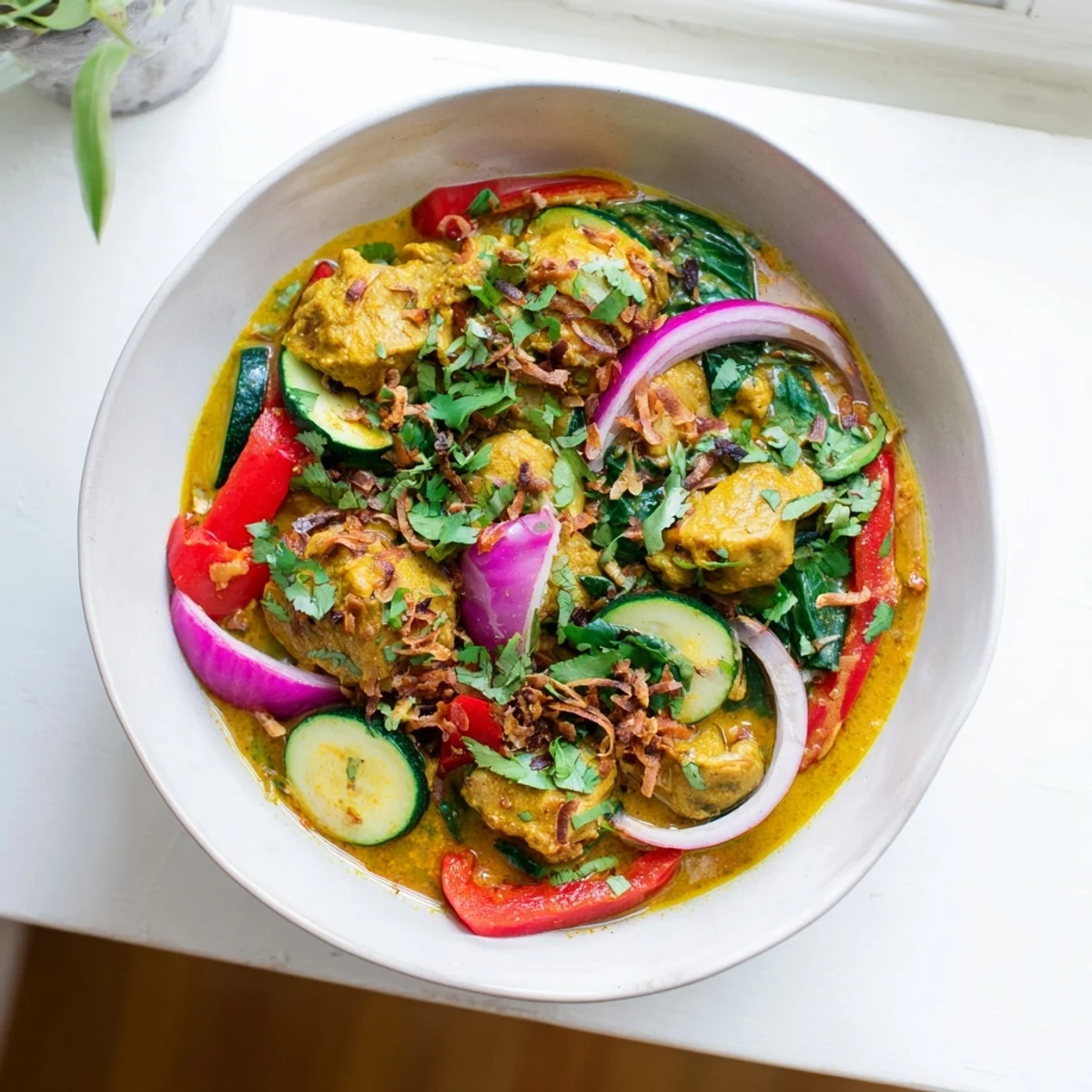 A close-up of Crisp Air Keto Curry steaming in a white bowl, with tender chicken and vibrant veggies peeking through creamy coconut sauce.  