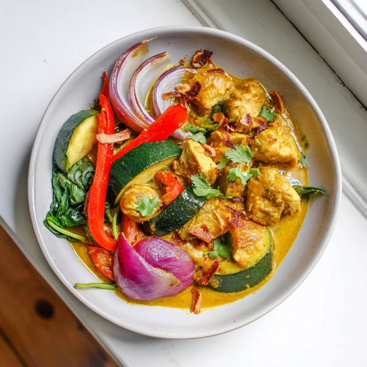 A skillet of simmering Crisp Air Keto Curry, featuring golden chicken, crisp red bell peppers, and wilted spinach in fragrant spices.