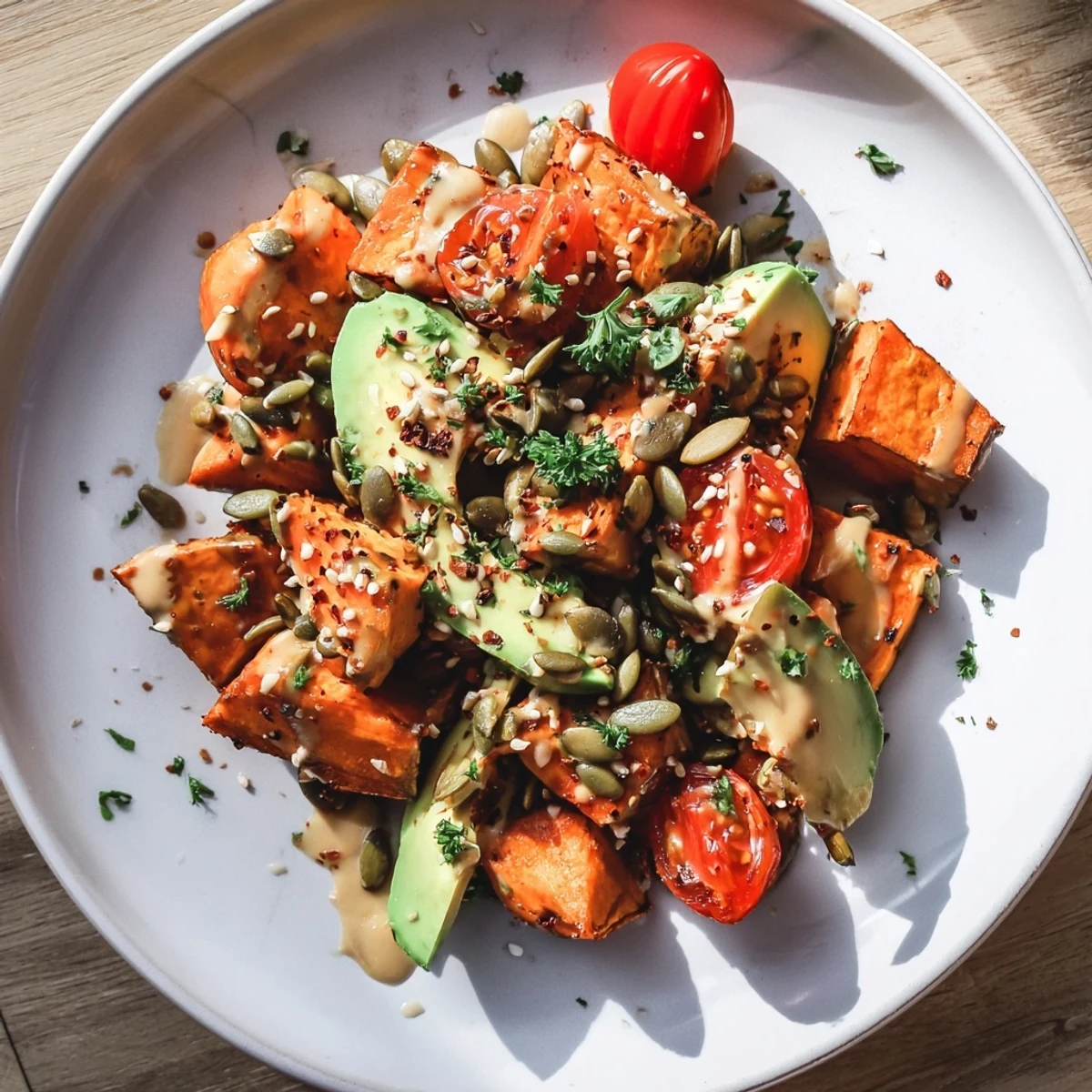 A close-up of the Solstice Vegan Grain Bowl, showcasing vibrant roasted sweet potatoes, creamy avocado slices, and bright cherry tomatoes atop fluffy quinoa.  