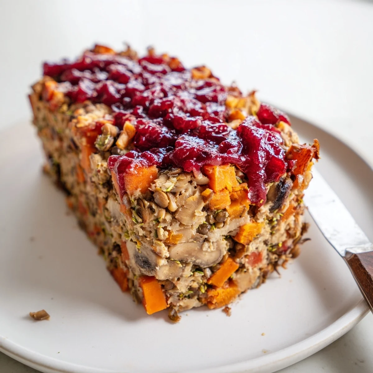 A close-up of Winter Wellness Vegan Roast, topped with cranberry glaze and served beside creamy mashed potatoes and steamed kale.