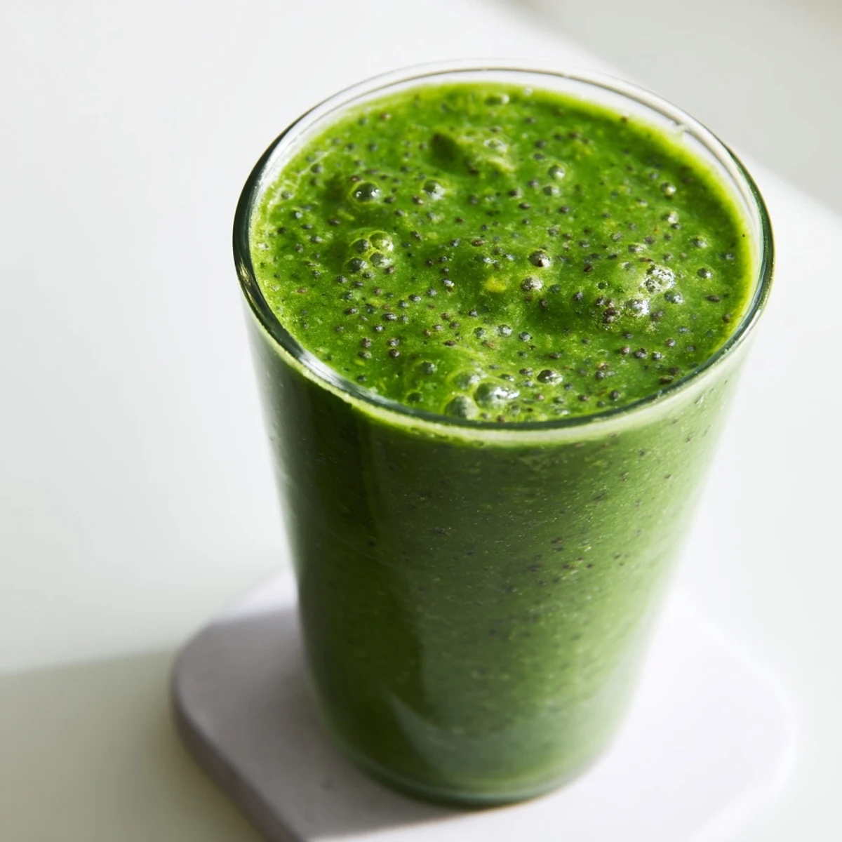 Creamy, vibrant green smoothie served in a glass, topped with fresh spinach and a sprinkle of chia seeds.