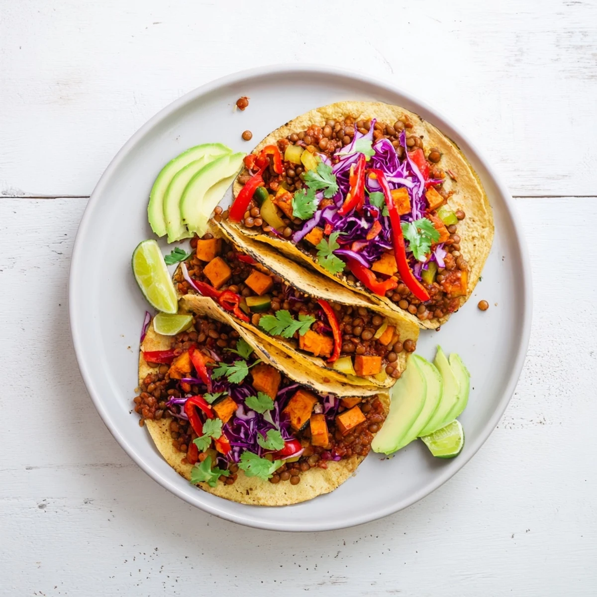 A close-up of hearty lentil filling, spiced with cumin and paprika, piled into soft tacos with vibrant shredded red cabbage.