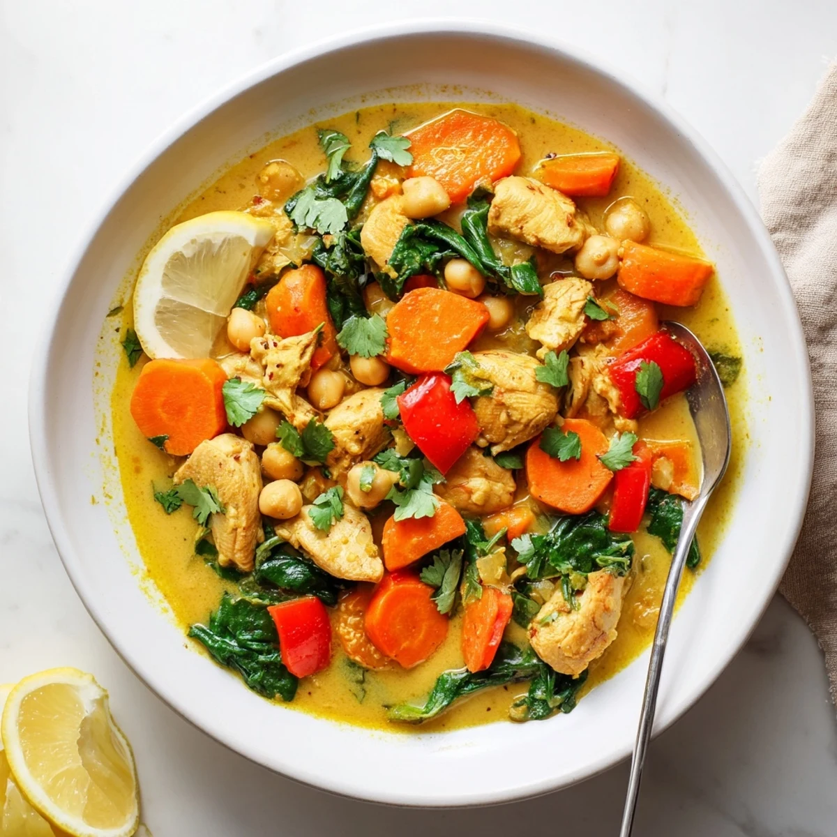 Colorful plate of Fireside High Protein Curry with carrots, bell peppers, and lemon wedges for a bright finishing touch.