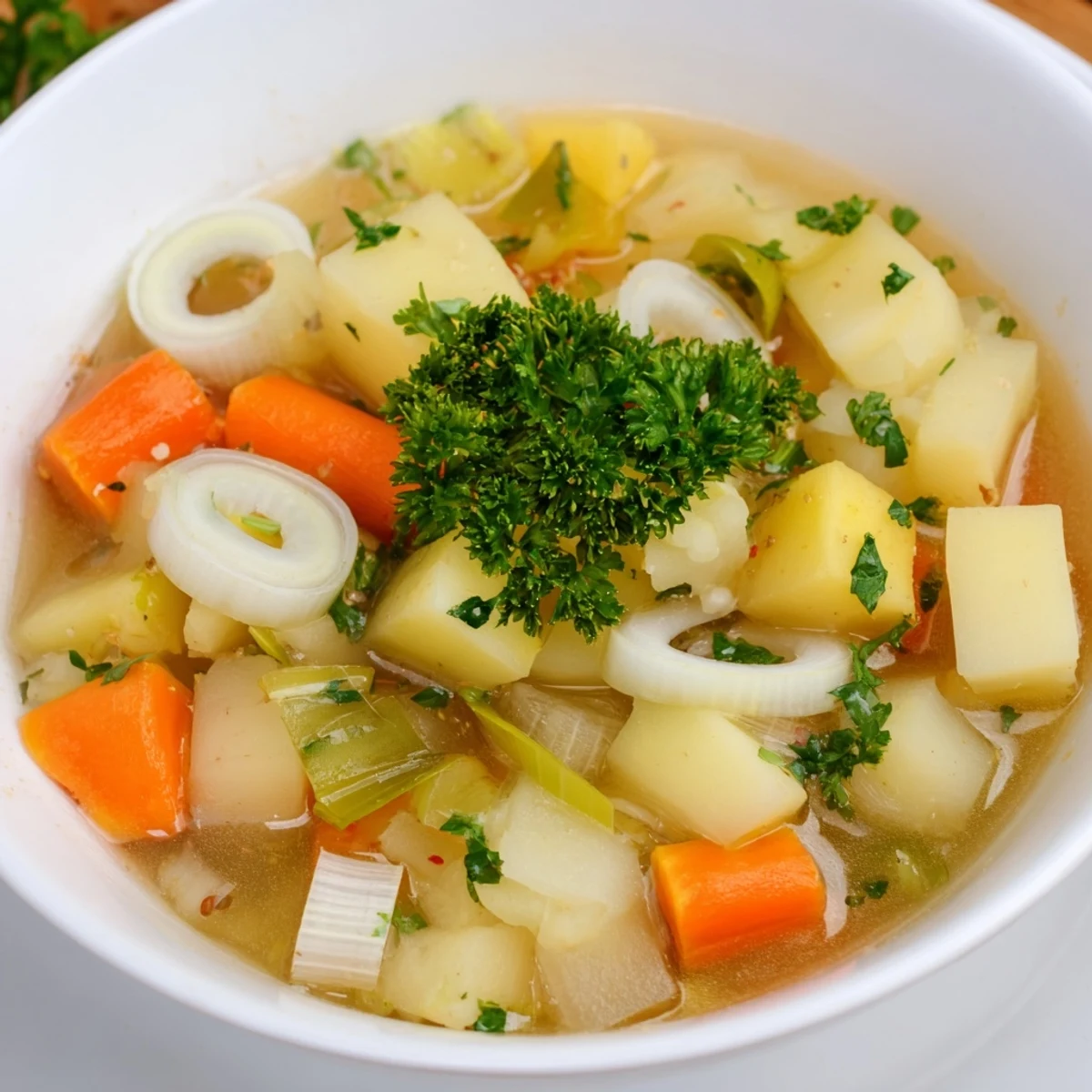 A warm bowl of Frosty Morning Low Fat Soup garnished with fresh chives, steam rising from the hearty vegetable broth.