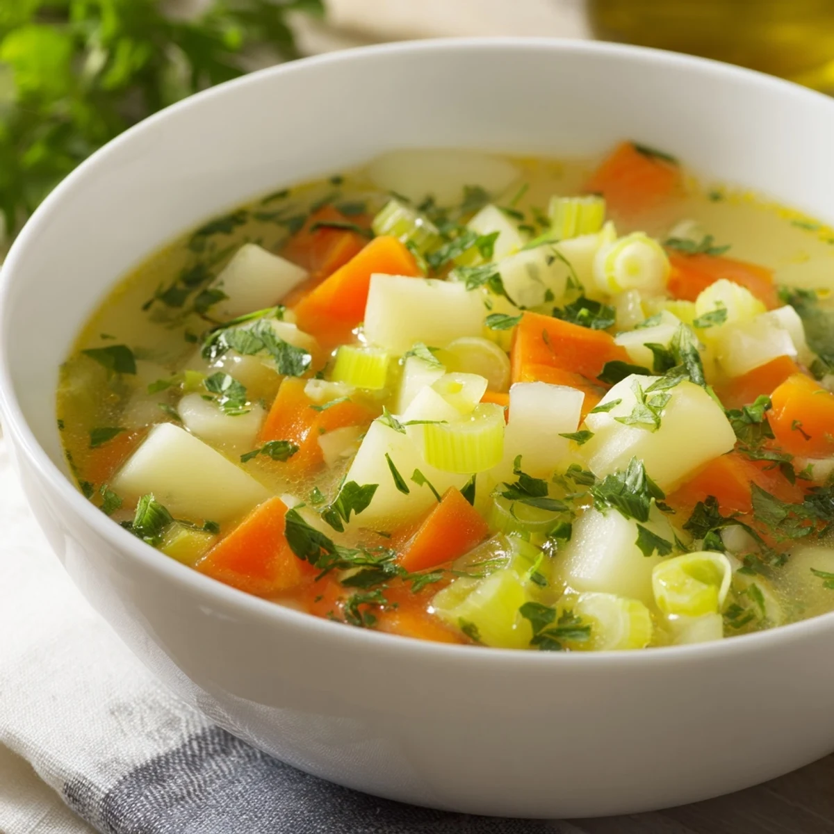Close-up of Frosty Morning Low Fat Soup in a rustic bowl, showcasing tender potatoes, carrots, and parsnips in a savory broth.