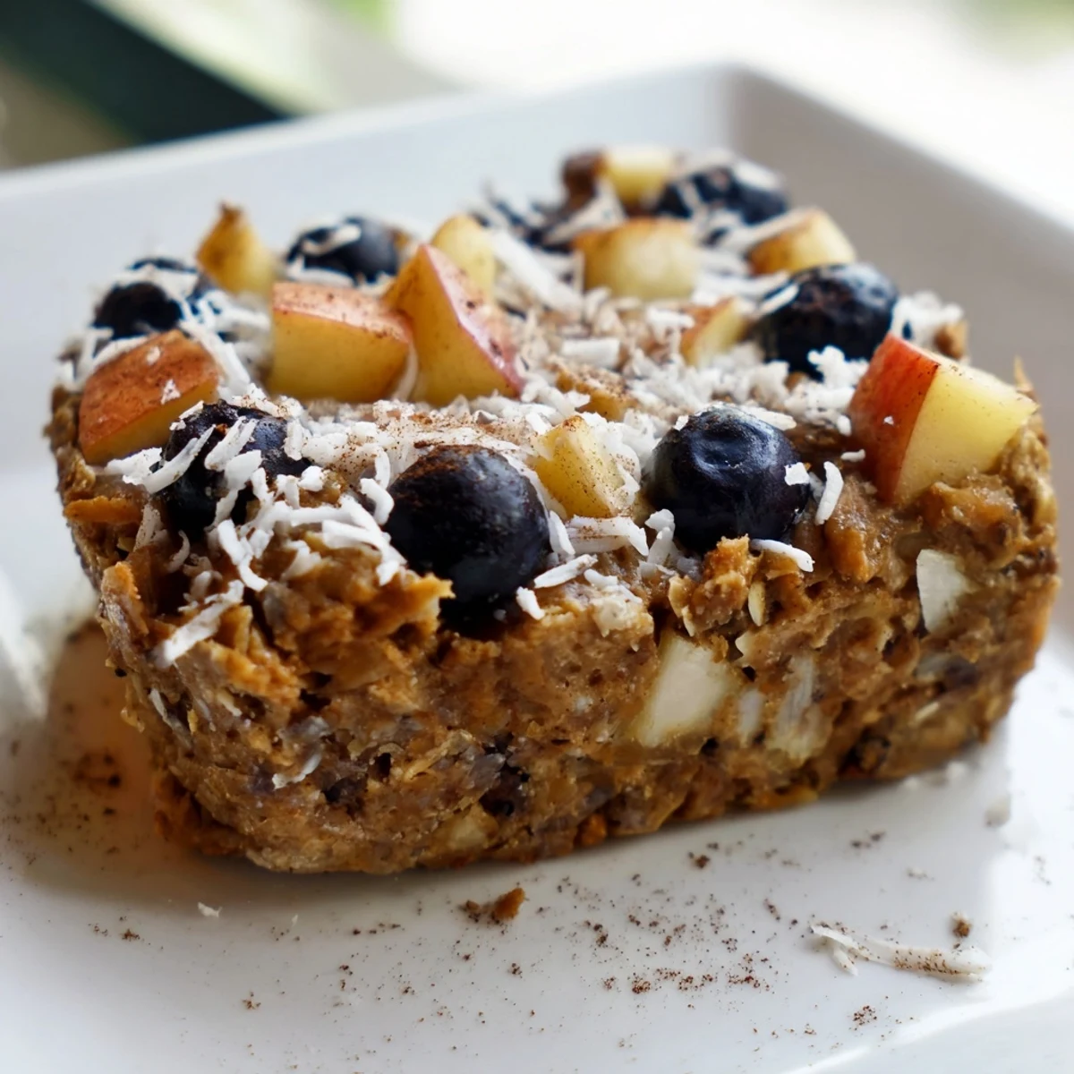 Golden-brown Frosty Morning Vegan Bake with oats, diced apples, and blueberries in a white ceramic dish.